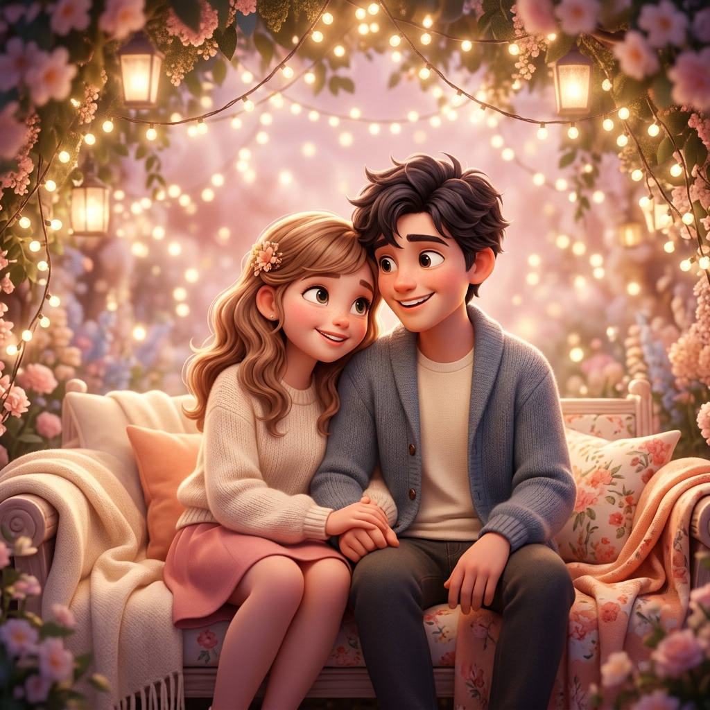 Cute 3D illustration of a young couple under fairy lights